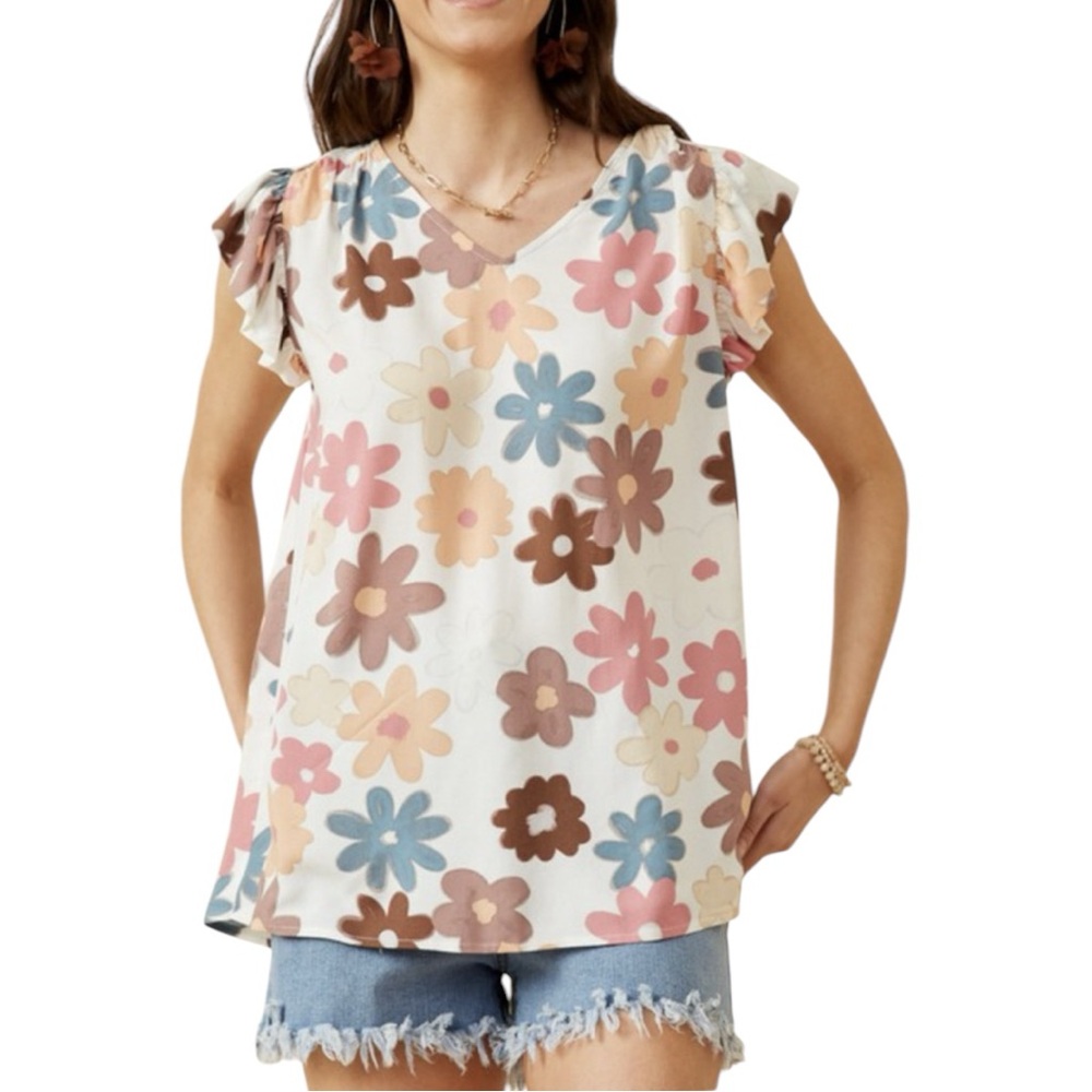 Hayden Floral Print Ruffle Short Sleeve Blouse